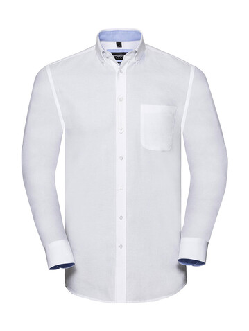 Russell Europe Men`s LS Tailored Washed Oxford Shirt, White/Oxford Blue, S bedrucken, Art.-Nr. 020000533