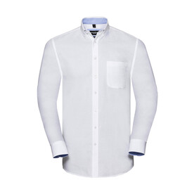Russell Europe Men`s LS Tailored Washed Oxford Shirt, White/Oxford Blue, S bedrucken, Art.-Nr. 020000533
