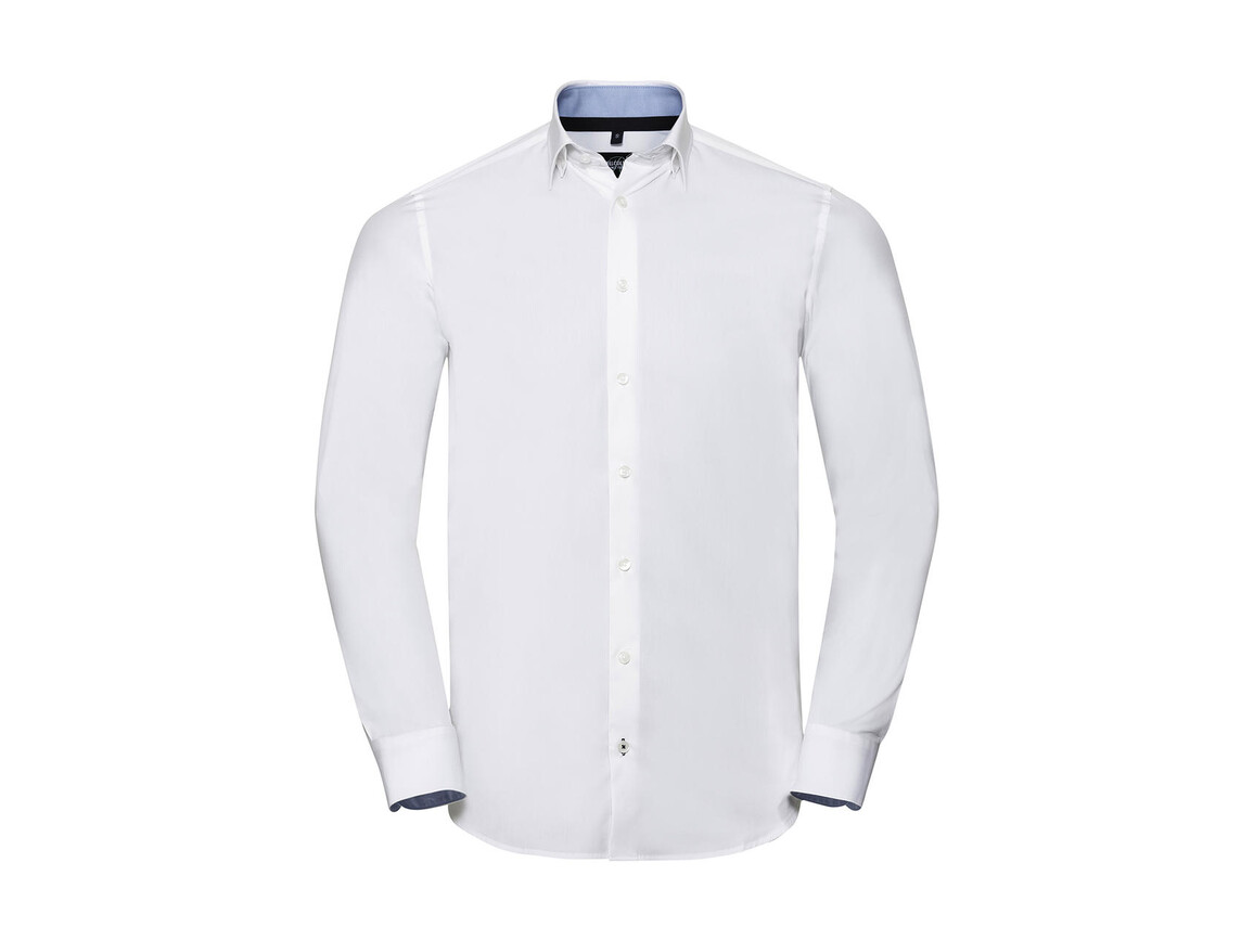 Russell Europe Men`s LS Tailored Contrast Ultimate Stretch Shirt, White/Oxford Blue/Bright Navy, M bedrucken, Art.-Nr. 023000834