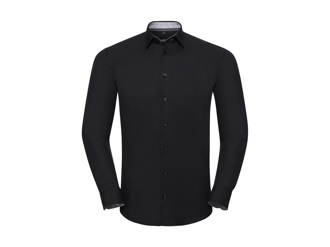 Russell Europe Men`s LS Tailored Contrast Ultimate Stretch Shirt, Black/Oxford Grey/Convoy Grey, M bedrucken, Art.-Nr. 023001814