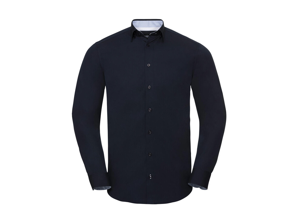 Russell Europe Men`s LS Tailored Contrast Ultimate Stretch Shirt, Bright Navy/Oxford Blue/White, 4XL bedrucken, Art.-Nr. 023002839
