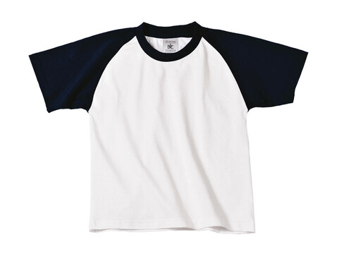 B &amp; C Base-Ball/kids T-Shirt, White/Navy, 3/4 (98/104) bedrucken, Art.-Nr. 118420523