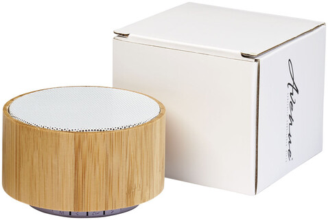 Cosmos Bluetooth® Lautsprecher aus Bambus, natur, weiss bedrucken, Art.-Nr. 12410001