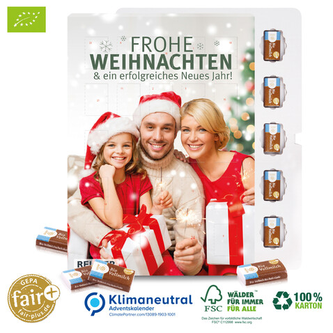 Ökologischer Karton-Wand-Adventskalender mit Fair-Plus Bio-Vollmilchschokolade, Klimaneutral, FSC®-zertifiziert bedrucken, Art.-Nr. 95395