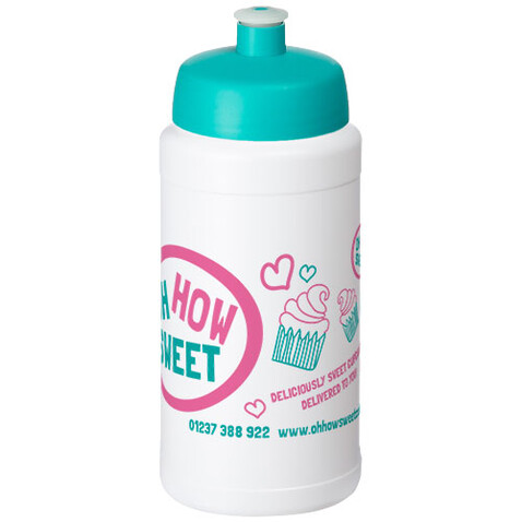 Baseline® Plus 500 ml Flasche mit Sportdeckel, weiss, aquablau bedrucken, Art.-Nr. 21068805