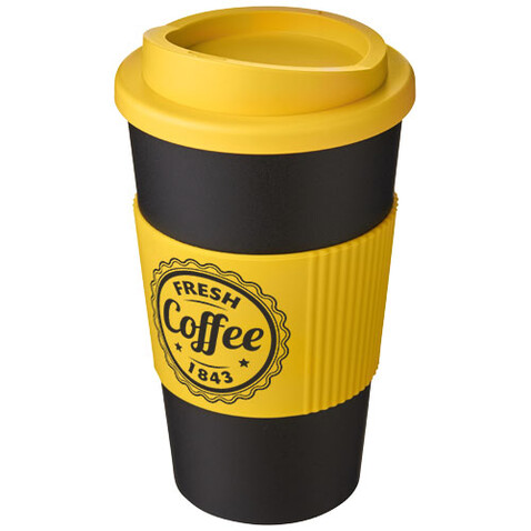 Americano® 350 ml Isolierbecher mit Schutzring, schwarz, gelb bedrucken, Art.-Nr. 21000228