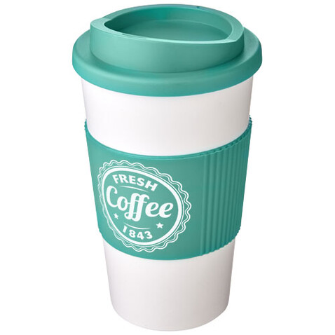 Americano® 350 ml Isolierbecher mit Schutzring, weiss, aquablau bedrucken, Art.-Nr. 21000229