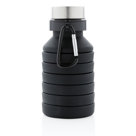 Auslaufgeschützte faltbare Silikonflasche schwarz bedrucken, Art.-Nr. P432.621