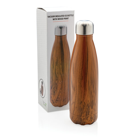 Vakuumisolierte Stainless Steel Flasche mit Holzoptik braun bedrucken, Art.-Nr. P436.489