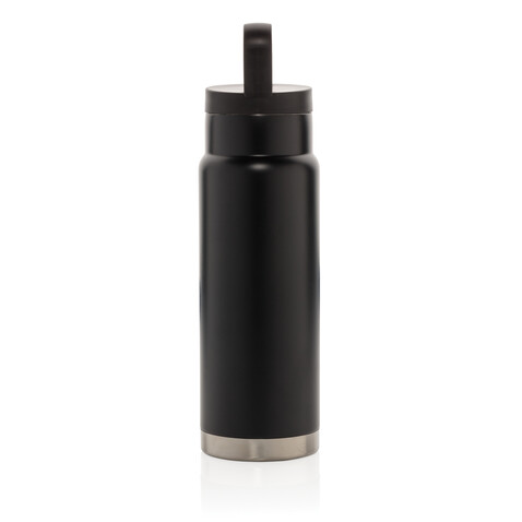Auslaufsichere Vakuum-Flasche mit Tragegriff schwarz bedrucken, Art.-Nr. P436.921