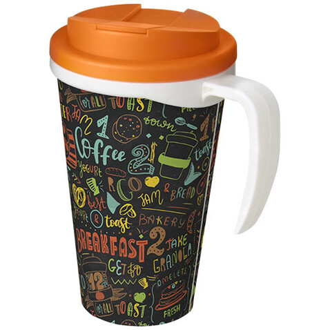 Brite-Ameriano® Grande 350 ml Isolierbecher mit auslaufsicherem Schraubverschluss, weiss, orange bedrucken, Art.-Nr. 21042010