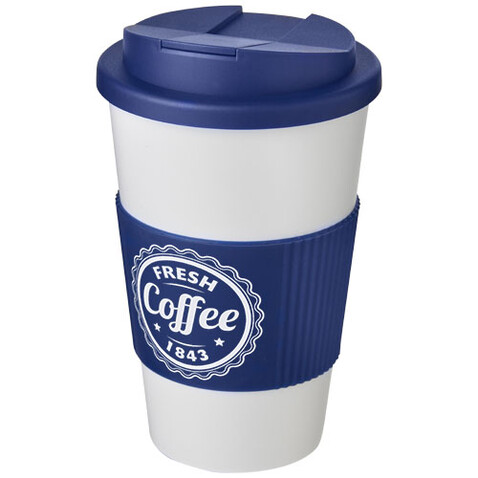 Americano® 350 ml Isolierbecher mit Schutzring & auslaufsicherem Schraubverschluss, weiss, blau bedrucken, Art.-Nr. 21069601 Americano® 350 ml Isolierbecher mit Schutzring & auslaufsicherem Schraubverschluss, weiss, blau bedrucken, Art.-Nr. 21069601