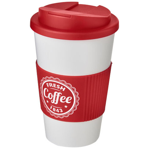 Americano® 350 ml Isolierbecher mit Schutzring & auslaufsicherem Schraubverschluss, weiss, rot bedrucken, Art.-Nr. 21069602 Americano® 350 ml Isolierbecher mit Schutzring & auslaufsicherem Schraubverschluss, weiss, rot bedrucken, Art.-Nr. 21069602