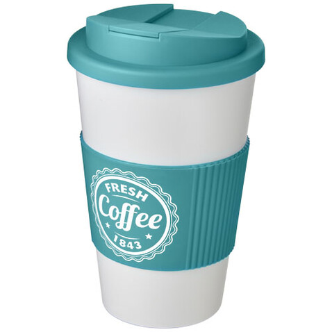 Americano® 350 ml Isolierbecher mit Schutzring &amp; auslaufsicherem Schraubverschluss, weiss, aquablau bedrucken, Art.-Nr. 21069604