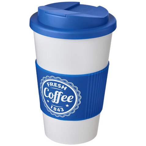 Americano® 350 ml Isolierbecher mit Schutzring &amp; auslaufsicherem Schraubverschluss, weiss, mittelblau bedrucken, Art.-Nr. 21069606