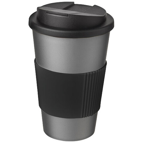 Americano® 350 ml Isolierbecher mit Schutzring &amp; auslaufsicherem Schraubverschluss, silber, schwarz bedrucken, Art.-Nr. 21069613