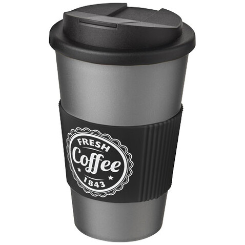 Americano® 350 ml Isolierbecher mit Schutzring &amp; auslaufsicherem Schraubverschluss, silber, schwarz bedrucken, Art.-Nr. 21069613