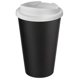 Americano® Eco 350 ml recycelter Becher mit auslaufsicherem Deckel, weiss, schwarz bedrucken, Art.-Nr. 21042501