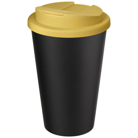 Americano® Eco 350 ml recycelter Becher mit auslaufsicherem Deckel, gelb, schwarz bedrucken, Art.-Nr. 21042511