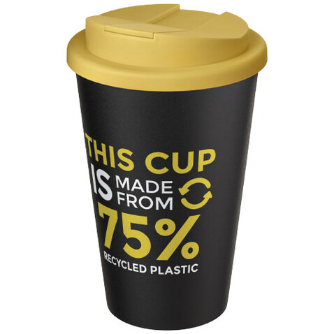 Americano® Eco 350 ml recycelter Becher mit auslaufsicherem Deckel, gelb, schwarz bedrucken, Art.-Nr. 21042511