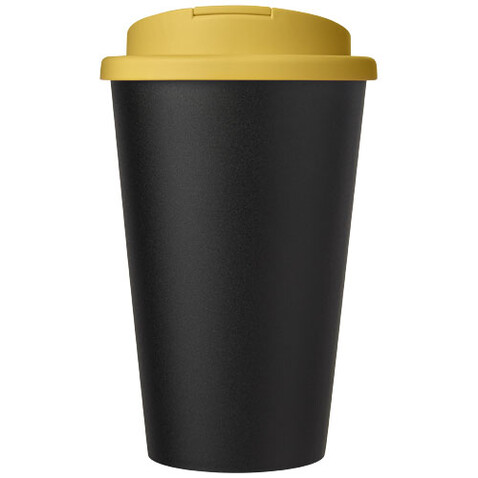 Americano® Eco 350 ml recycelter Becher mit auslaufsicherem Deckel, gelb, schwarz bedrucken, Art.-Nr. 21042511