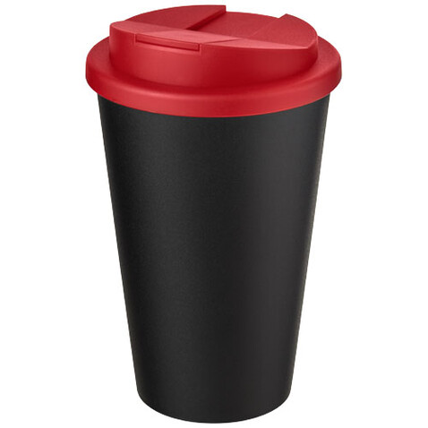 Americano® Eco 350 ml recycelter Becher mit auslaufsicherem Deckel, rot, schwarz bedrucken, Art.-Nr. 21042521