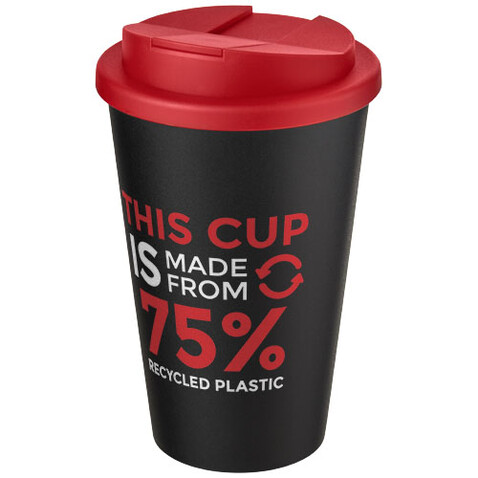 Americano® Eco 350 ml recycelter Becher mit auslaufsicherem Deckel, rot, schwarz bedrucken, Art.-Nr. 21042521