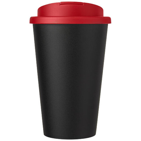 Americano® Eco 350 ml recycelter Becher mit auslaufsicherem Deckel, rot, schwarz bedrucken, Art.-Nr. 21042521