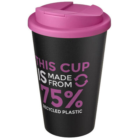 Americano® Eco 350 ml recycelter Becher mit auslaufsicherem Deckel, rosa, schwarz bedrucken, Art.-Nr. 21042541