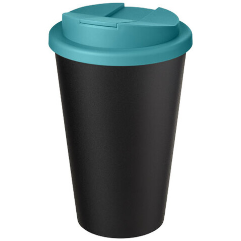 Americano® Eco 350 ml recycelter Becher mit auslaufsicherem Deckel, aquablau, schwarz bedrucken, Art.-Nr. 21042551