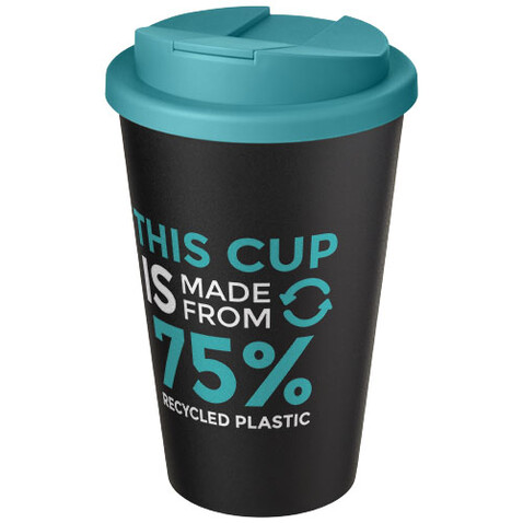 Americano® Eco 350 ml recycelter Becher mit auslaufsicherem Deckel, aquablau, schwarz bedrucken, Art.-Nr. 21042551