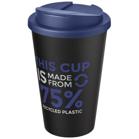 Americano® Eco 350 ml recycelter Becher mit auslaufsicherem Deckel, blau, schwarz bedrucken, Art.-Nr. 21042552