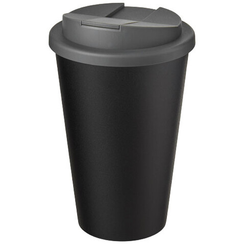 Americano® Eco 350 ml recycelter Becher mit auslaufsicherem Deckel, grau, schwarz bedrucken, Art.-Nr. 21042582