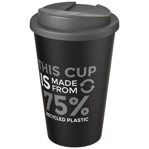 Americano® Eco 350 ml recycelter Becher mit auslaufsicherem Deckel, grau, schwarz bedrucken, Art.-Nr. 21042582
