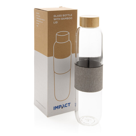 Impact Borosilikat-Glasflasche mit Bambusdeckel transparent, grau bedrucken, Art.-Nr. P436.770