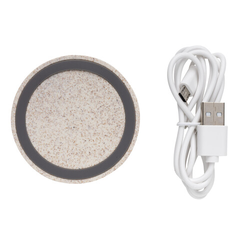 Rundes 5W Charging Pad aus Weizenstroh khaki bedrucken, Art.-Nr. P308.299