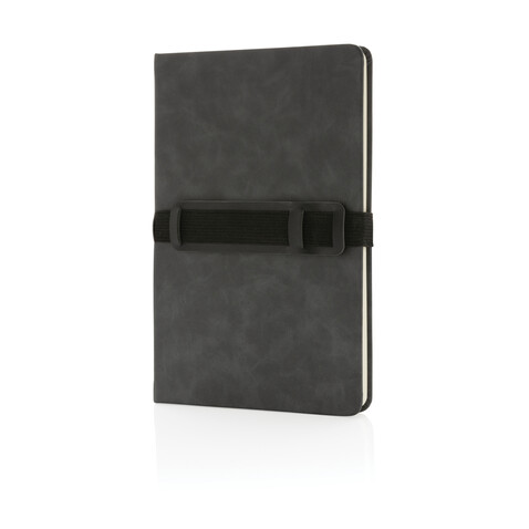 Deluxe Hardcover PU Notizbuch mit Handy- und Stiftehalter grau bedrucken, Art.-Nr. P774.232