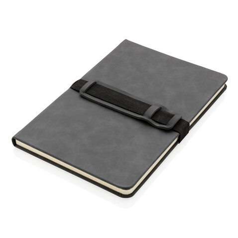 Deluxe Hardcover PU Notizbuch mit Handy- und Stiftehalter grau bedrucken, Art.-Nr. P774.232