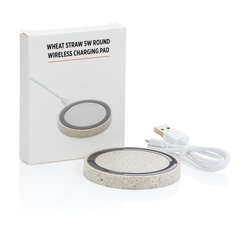 Rundes 5W Charging Pad aus Weizenstroh khaki bedrucken, Art.-Nr. P308.299