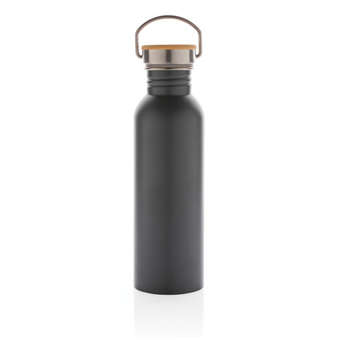 Moderne Stainless-Steel Flasche mit Bambusdeckel grau bedrucken, Art.-Nr. P436.832