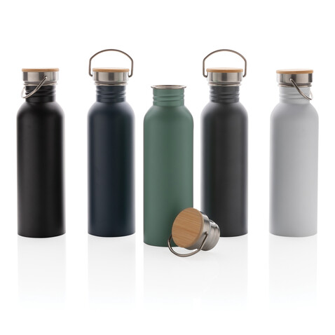 Moderne Stainless-Steel Flasche mit Bambusdeckel grau bedrucken, Art.-Nr. P436.832