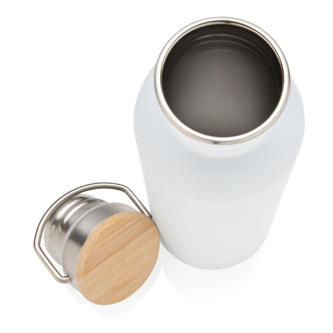 Moderne Stainless-Steel Flasche mit Bambusdeckel weiß bedrucken, Art.-Nr. P436.833