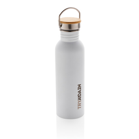 Moderne Stainless-Steel Flasche mit Bambusdeckel weiß bedrucken, Art.-Nr. P436.833