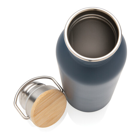 Moderne Stainless-Steel Flasche mit Bambusdeckel blau bedrucken, Art.-Nr. P436.835