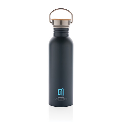 Moderne Stainless-Steel Flasche mit Bambusdeckel blau bedrucken, Art.-Nr. P436.835