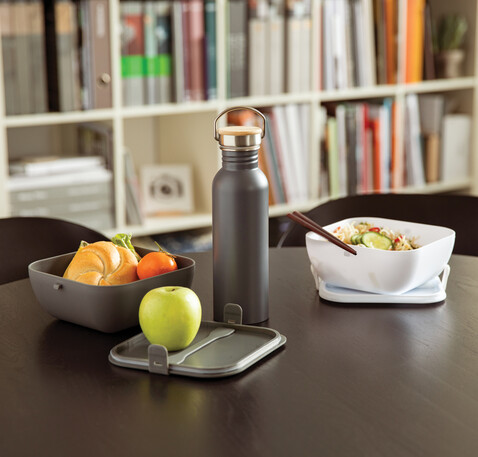Moderne Stainless-Steel Flasche mit Bambusdeckel grau bedrucken, Art.-Nr. P436.832