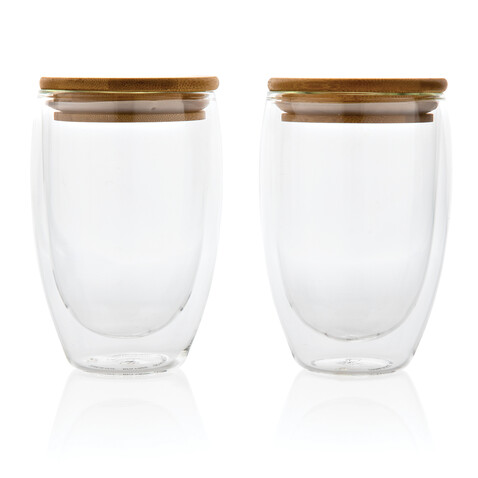 2-tlg Set Borosilikatgläser mit Bambusdeckel 350ml transparent bedrucken, Art.-Nr. P432.270