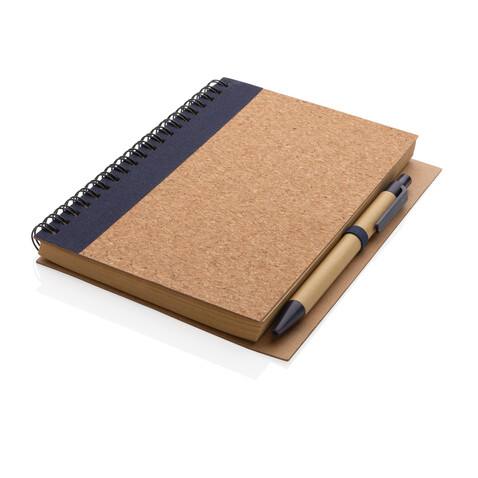 Kork Spiral-Notizbuch mit Stift blau bedrucken, Art.-Nr. P774.275