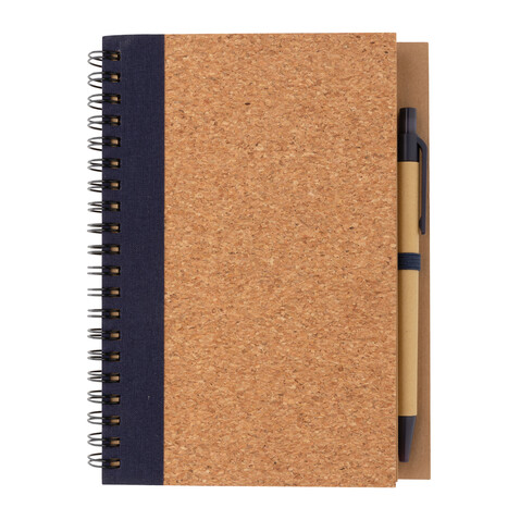 Kork Spiral-Notizbuch mit Stift blau bedrucken, Art.-Nr. P774.275