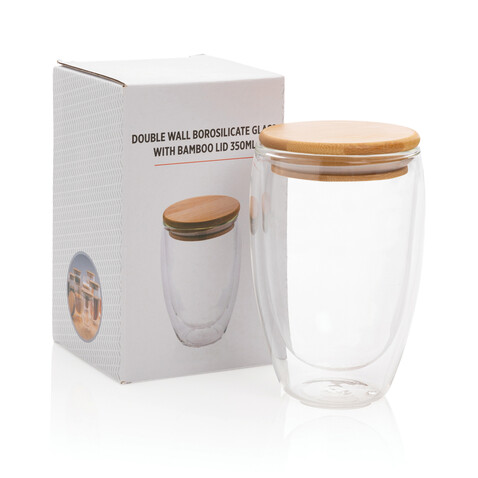 Doppelwandiges Borosilikatglas mit Bambusdeckel 350ml transparent bedrucken, Art.-Nr. P432.170